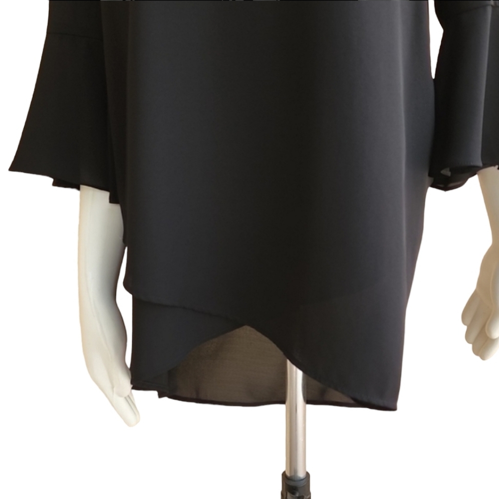 KAREN KANE Black Chiffon Blouse M Crossover Hem Ruffle Bell Sleeve Top - Picture 12 of 16